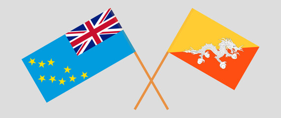 Crossed flags of Tuvalu and Bhutan. Official colors. Correct proportion