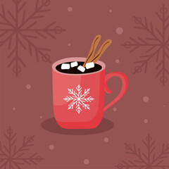 Cute hand drawn christmas illustration of hot chocolate cup. Mug of hot chocolate with marshmallows, red with a snowflake. Can be used as a Christmas card, poster or print. Vector illustration eps10