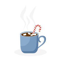 Hand drawn cup of hot chocolate or coffee with marshmallows and candy cane. Christmas illustration of hot chocolate cup isolated on white background. Merry Christmas and Happy new year. Vector eps10
