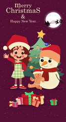 Fototapeta premium Cute christmas card on a purple background with snowman, gingerbread, christams tree and santa girl
