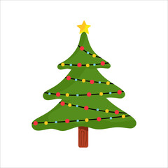 Decorated Christmas tree isolated on white background. Illustration Christmas tree. Xmas fir with star, balls and baubles. Flat vector illustration eps10