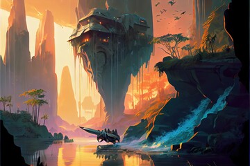 An alien planet waterfall lake tropical jungle future