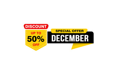 50 Percent december discount offer, clearance, promotion banner layout with sticker style.
