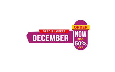 50 Percent december discount offer, clearance, promotion banner layout with sticker style.