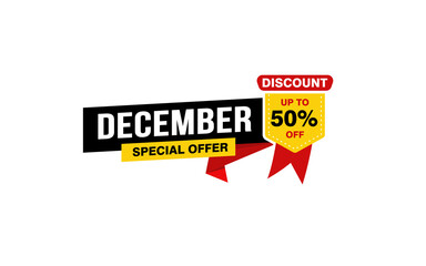 50 Percent december discount offer, clearance, promotion banner layout with sticker style.