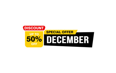 50 Percent december discount offer, clearance, promotion banner layout with sticker style.