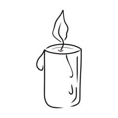 Candle with the fllame drawing isolated on white background. Hand drawn vector illustration in simple doodle engraved vintage style. Concept of warming, light, romantic, design, autumn