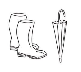 Rubber boots and umbrella vector hand drawn black illustration isolated on white background. Sketch vintage engraved drawing of fashion clothes for rainy autumn weather