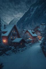 Illustration of Swiss Alps village with Christmas lights at winter night with mountains at the background. AI generated