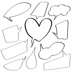 set hand drawn doodle speech  of cute love bubbles, balloon, chat, speech, dialog, talk, chat, message template