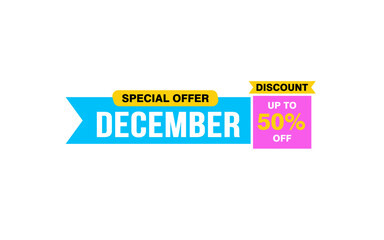 50 Percent december discount offer, clearance, promotion banner layout with sticker style.
