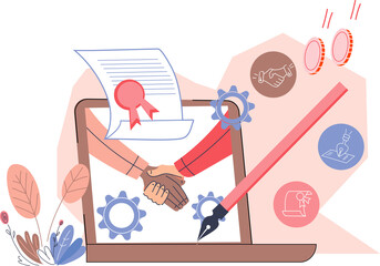 Online contract signing and electronic signature business concept for website. Online business deal and negotiation success.