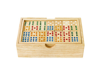 Wooden Domino in wooden box isolated on white  - 552082558