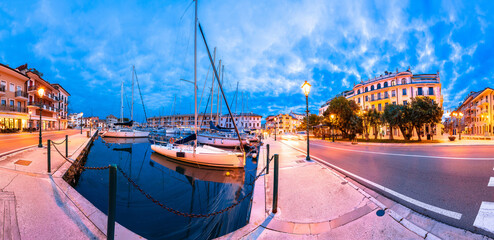 Town of Grado on Adriatic coast harbor and architecture dawn panoramic view