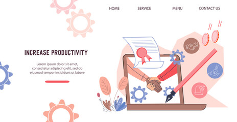 Increase productivity and partnership website banner template, flat vector illustration isolated on white. Online business deal and negotiation success. Webpage or landing page interface.