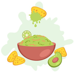 Guacamole sauce for nachos tortilla chips in the bowl in flat style. Perfect for tee, stickers, menu and poster. Isolated vector illustration for decor and design.