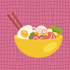 Tonkotsu asian food ramen soup with pork meat. Perfect for tee, stickers, menu and stationery. Vector illustration for decor and design.