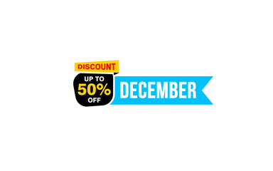50 Percent december discount offer, clearance, promotion banner layout with sticker style.
