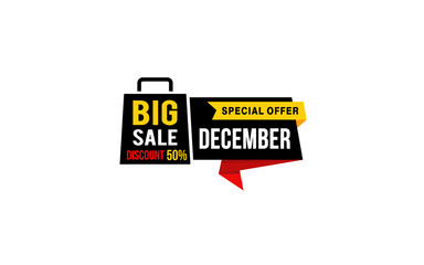 50 Percent december discount offer, clearance, promotion banner layout with sticker style.