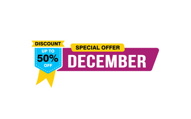 50 Percent december discount offer, clearance, promotion banner layout with sticker style.