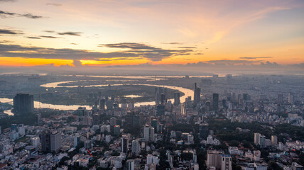 Fototapeta na wymiar Aerial view Skyscrapers flying by drone of Ho Chi Minh City, Vietnam