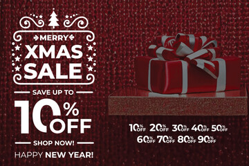 New year sale. Christmas sale label with sale precentage set. Horizontal posters, greeting cards, header, website. White gift and goldgift. Card or Christmas themed invitations.