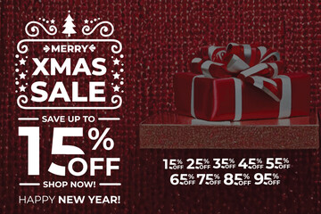 New year sale. Christmas sale label with sale precentage set. Horizontal posters, greeting cards, header, website. White gift and goldgift. Card or Christmas themed invitations.