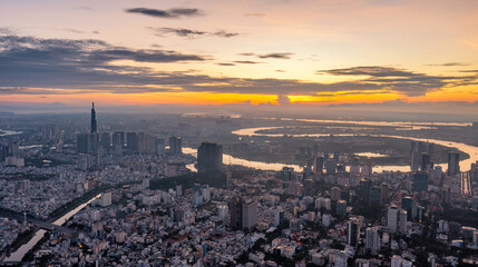 Fototapeta na wymiar Aerial view Skyscrapers flying by drone of Ho Chi Minh City, Vietnam