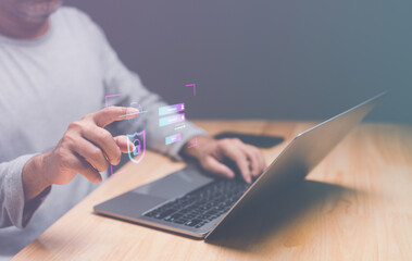 Login icon and internet network security technology. Businessperson touching to sign in for...