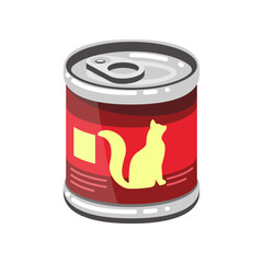 Red can with wet cat food cartoon illustration. Cartoon drawing of canned pet food or snack isolated on white background. Pet shop, domestic animal, care concept