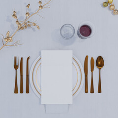 Festive Christmas Menu blank template on Table with Gold decorations and baubles