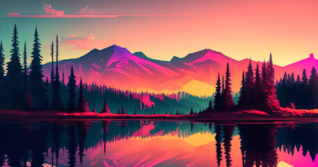 Obraz premium Abstract art. Colorful painting art of an abstract mountain landscape with lake by sunset. Background illustration. Generative AI.