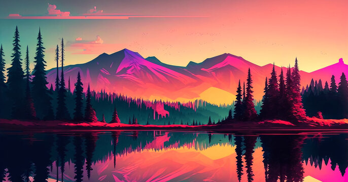 Abstract art. Colorful painting art of an abstract mountain landscape with lake by sunset. Background illustration. Generative AI.