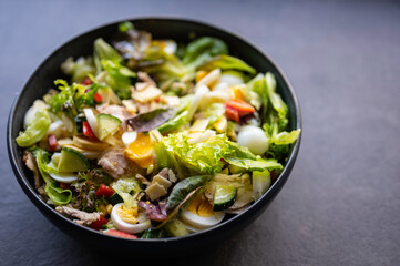 Salad bowl with vegetables, chicken and eggs. Dark background. 