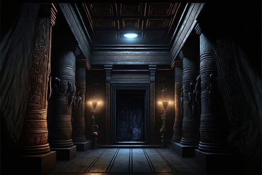 Black room interior in ancient Egyptian style, gold decor, fantasy interior. Ancient Egypt, black interior, gold, night lights, shadows. AI