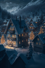 Fototapeta premium Illustration of Swiss Alps village with Christmas lights at winter night with mountains at the background. AI generated