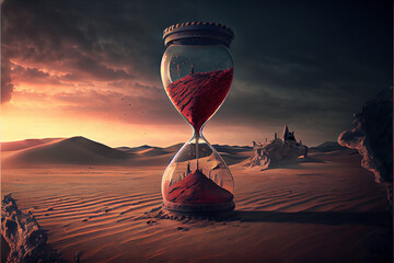Giant hourglass in the middle of the desert, sands of time generative art