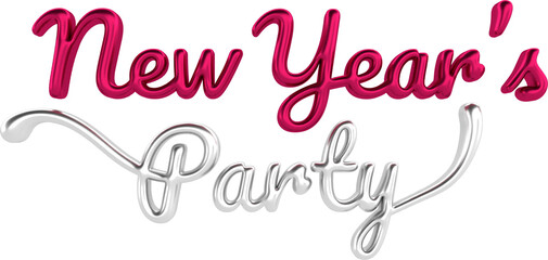 New Year's Party Silver And Viva Magenta 3D Metallic Chrome Cursive Text Typography