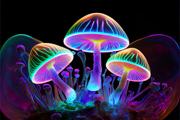 Fototapeta na wymiar Psychedelic mushroom patch neon colors generative art