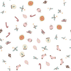 New Year's seamless pattern with sweets and Christmas toys. Vector seamless illustration with socks, orange, snow globe caramel canes, round lollipops, elongated 