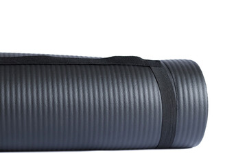 Gray yoga mat isolated on a white background. Сoncept of fitness equipment.