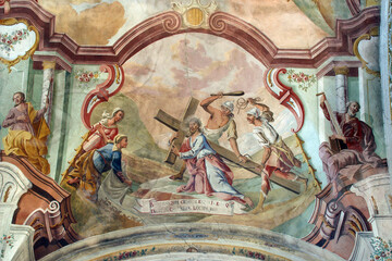 Jesus carries the cross, fresco in the parish church of Our Lady of Snow in Kutina, Croatia