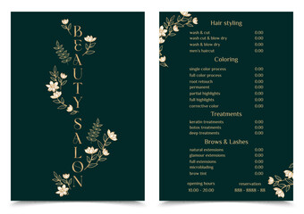 Vector Illustration sticker business card for beauty salon with pricelist and special offer opening hours and phone number for reservation decorated with botanical art texture. A4 printable template