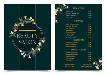 Vector Illustration sticker business card for beauty salon with pricelist and special offer opening hours and phone number for reservation decorated with botanical art texture. A4 printable template - obrazy, fototapety, plakaty
