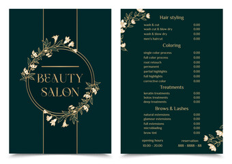 Vector Illustration sticker business card for beauty salon with pricelist and special offer opening hours and phone number for reservation decorated with botanical art texture. A4 printable template