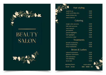 Vector Illustration sticker business card for beauty salon with pricelist and special offer opening hours and phone number for reservation decorated with botanical art texture. A4 printable template