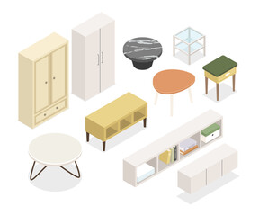 Wardrobes and table - modern vector isometric colorful elements