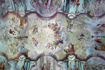 Painted vault over the church nave with depictions of Christ's Passion and Glory, fresco in the parish church of Our Lady of the Snow in Kutina, Croatia