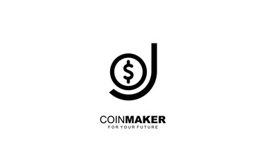 J logo COIN for identity. MONEY template vector illustration for your brand.
