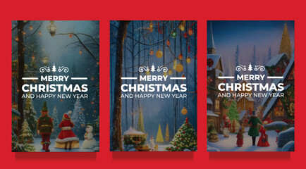Merry Christmas Greeting Cards Set With Different Illustration